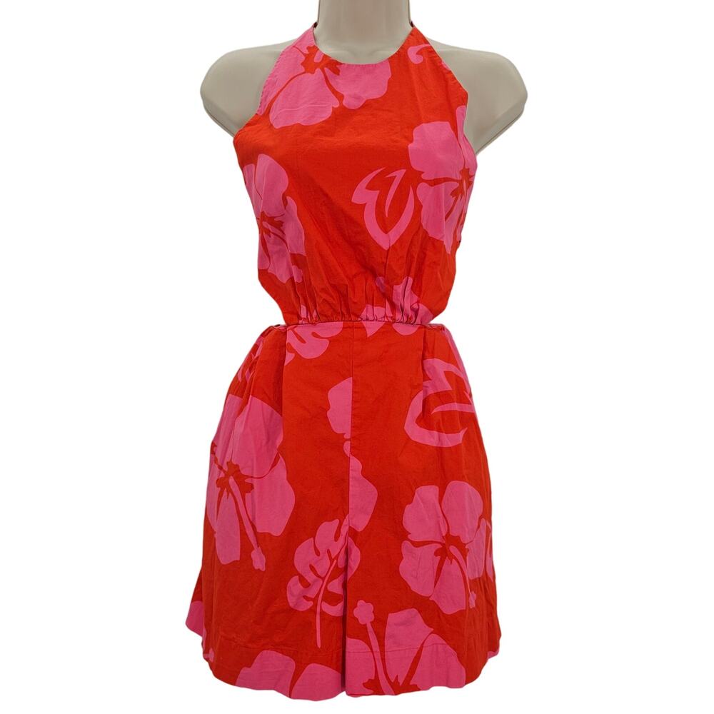 Staud Womans size 8 Floral Hibiscus Halter Romper Red and Pink Tie Back Cotton
